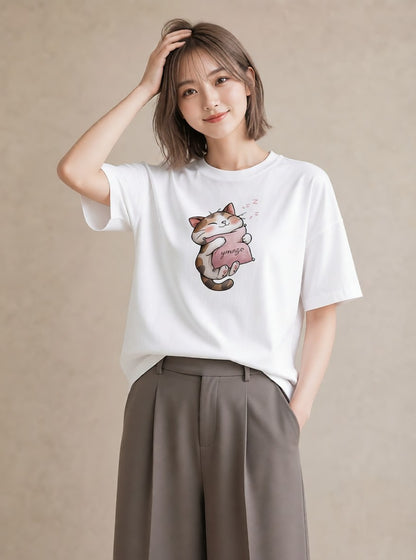 プリントTシャツ レディース ニャンコ 猫 ねこ イラスト シンプル 自分用 ルームウェア 白T
