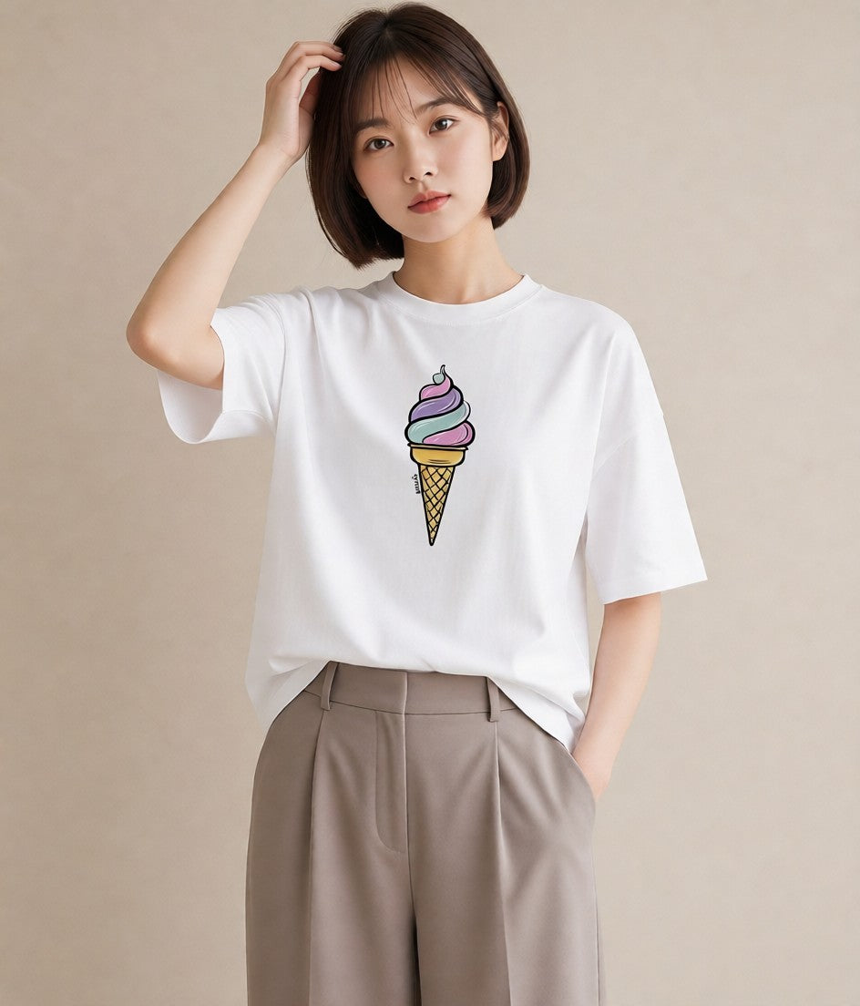 グラフィックTシャツ レディース ソフトクリーム 食べ物 フード イラスト アート風 週末コーデ 敬老の日 白T