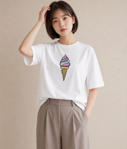 グラフィックTシャツ レディース ソフトクリーム 食べ物 フード イラスト アート風 週末コーデ 敬老の日 白T
