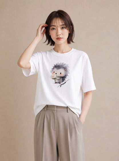 プリントTシャツ レディース ハリネズミ ペット 動物 イラスト 上品 春コーデ 姉妹 白T