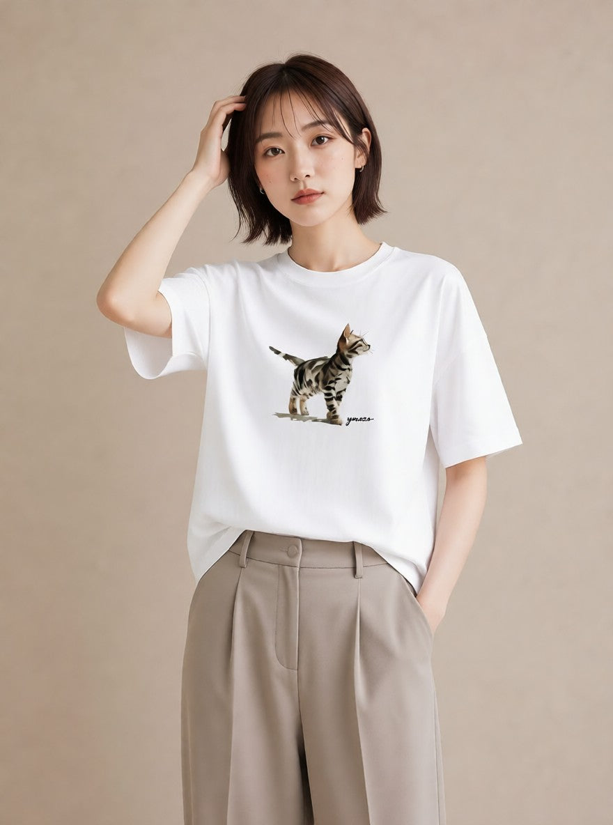 グラフィックTシャツ レディース ブリティッシュショートヘア 猫 ねこ イラスト シンプル 送別ギフト 通勤 白T