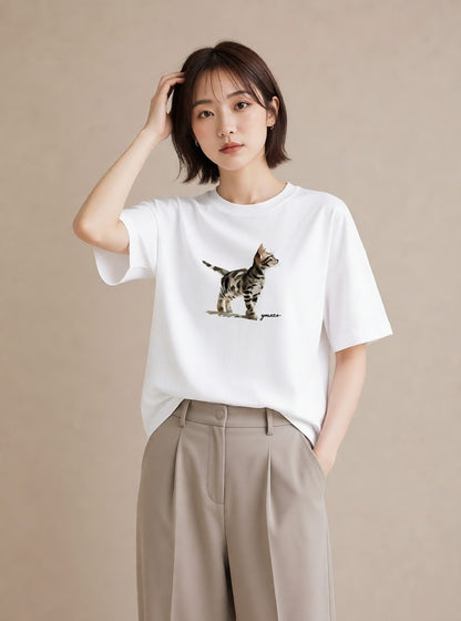 グラフィックTシャツ レディース ブリティッシュショートヘア 猫 ねこ イラスト シンプル 送別ギフト 通勤 白T
