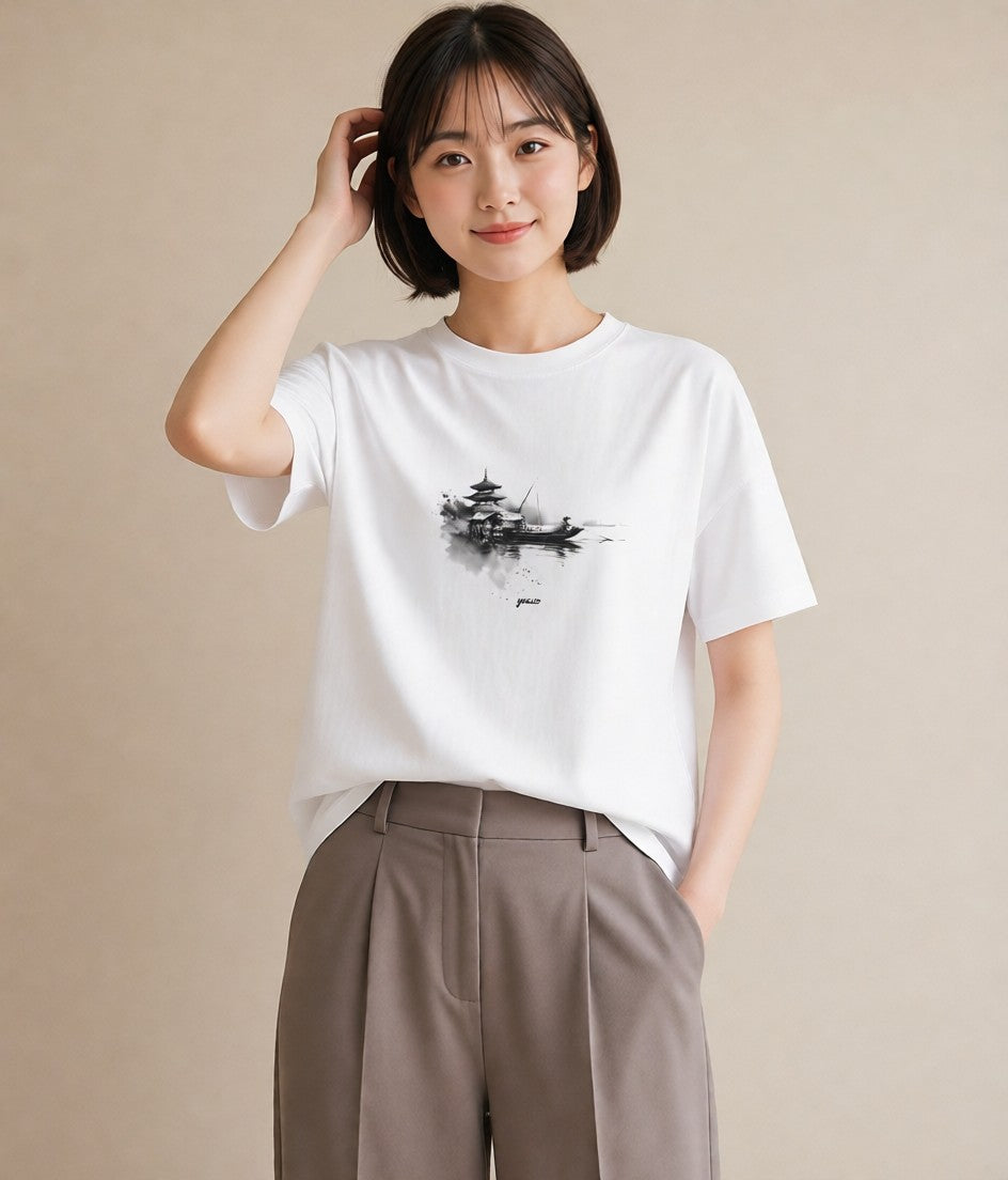 プリントTシャツ レディース 紙の船 水辺 ナチュラル アンティーク イラスト こなれ感 敬老の日 ホワイトデー 白T