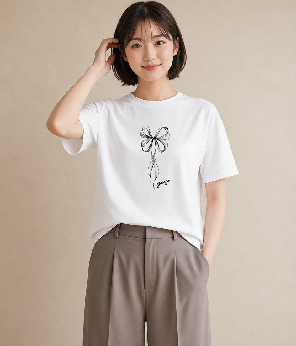 Tシャツ レディース リボン ボウ りぼん イラスト 普段使い デート 帰省 白T