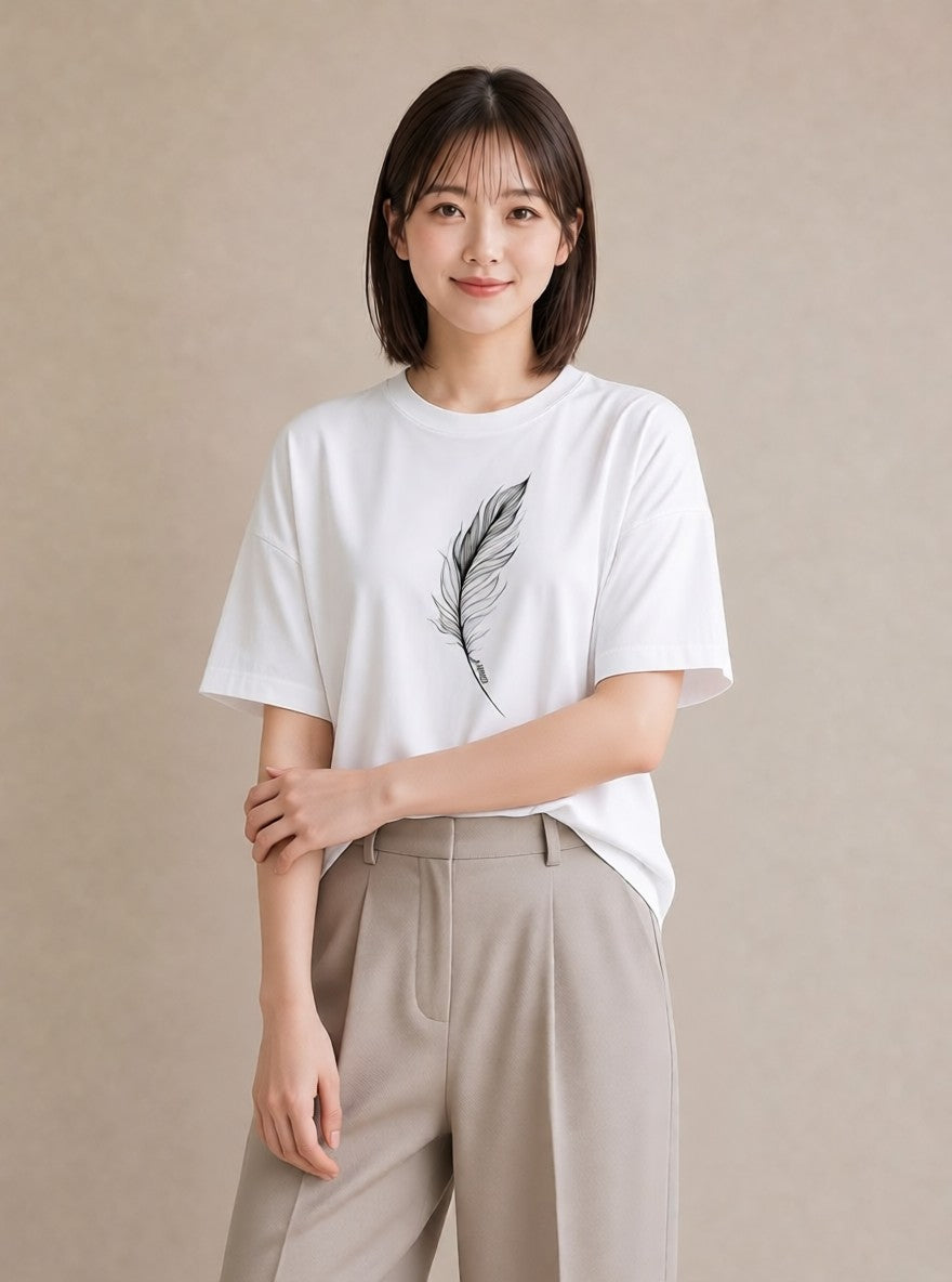 グラフィックTシャツ レディース 扇子 そよ風 ナチュラル アンティーク イラスト 買い物 夏コーデ 白T