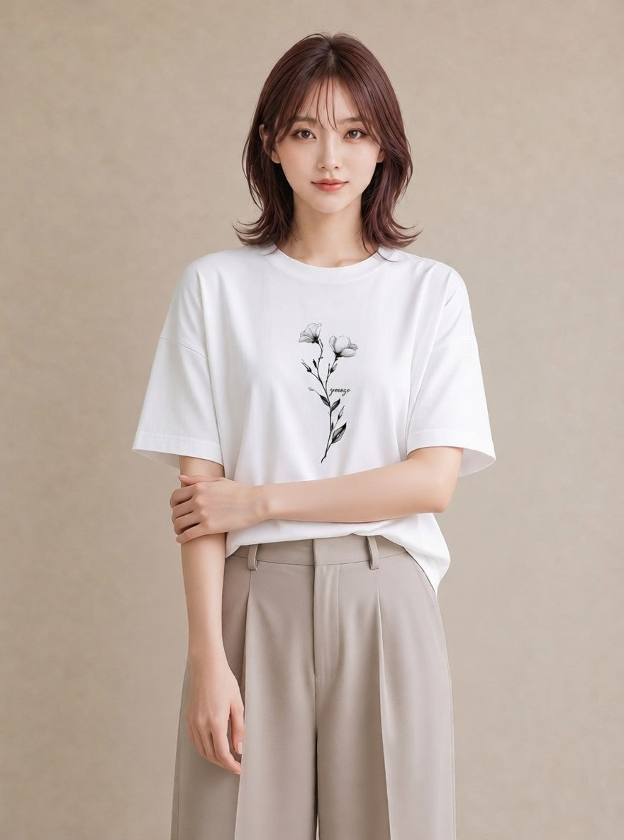 グラフィックTシャツ レディース 小花 花 フラワー イラスト ヴィンテージ風 送別ギフト 通勤 白T