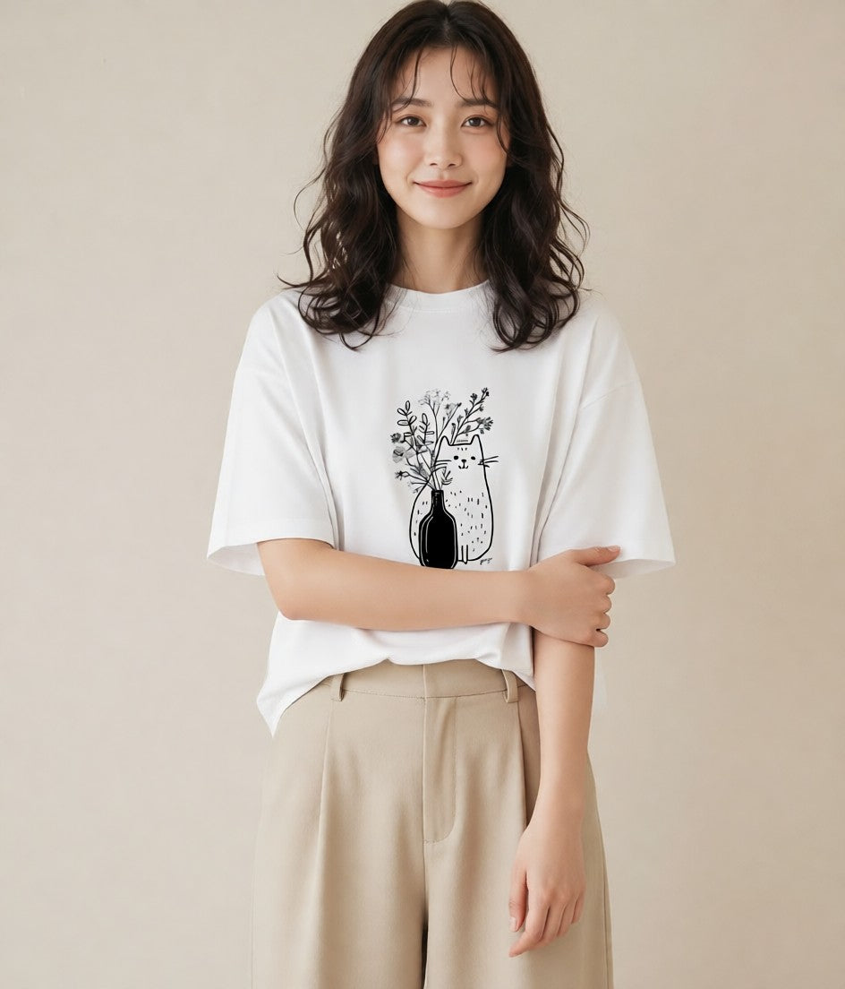 プリントTシャツ レディース 猫 ねこ ネコ イラスト 淡色 ギフト 母の日 白T