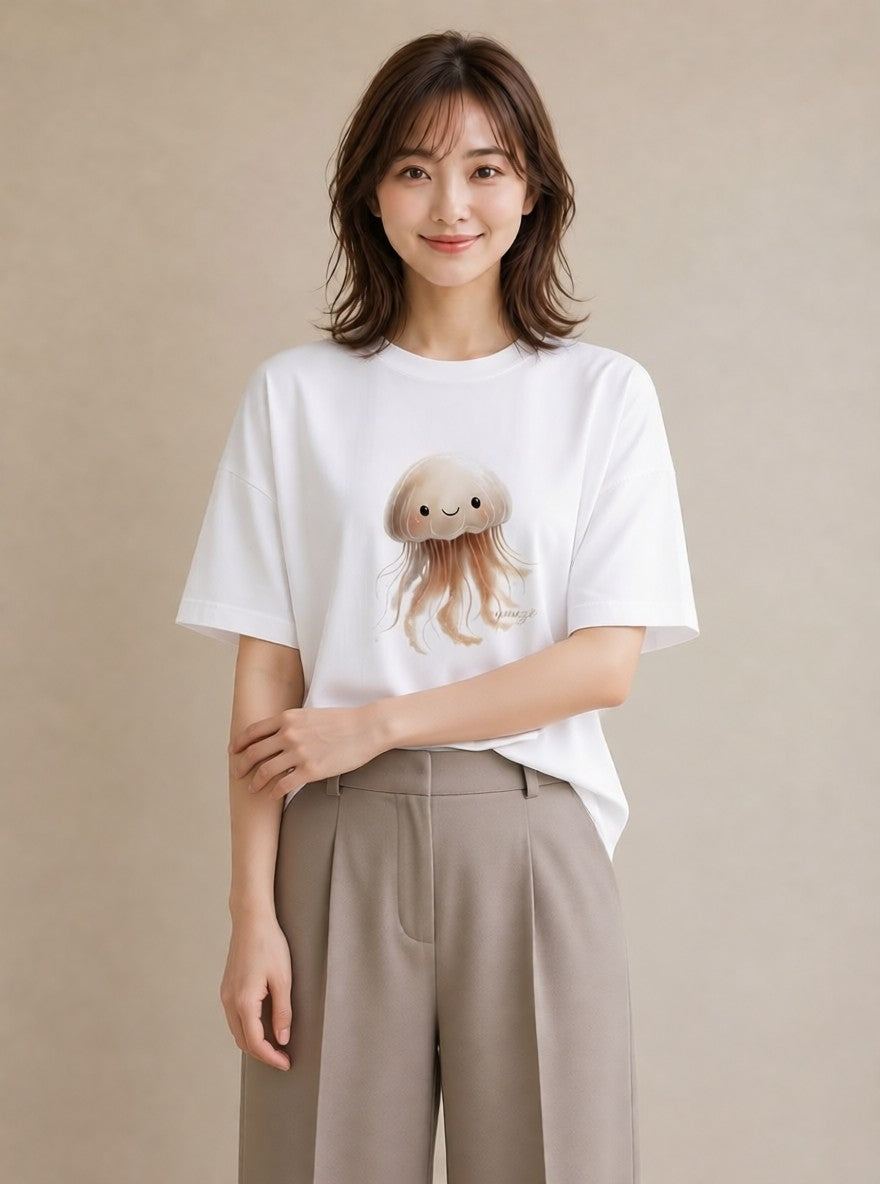 半袖Tシャツ レディース イカ 海の生き物 海 イラスト カジュアル 姉妹 送別ギフト 白T