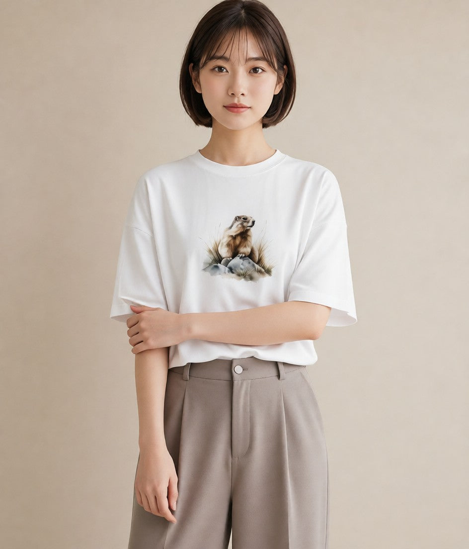 プリントTシャツ レディース フェレット ペット 動物 イラスト 韓国風 帰省 ラフ 白T