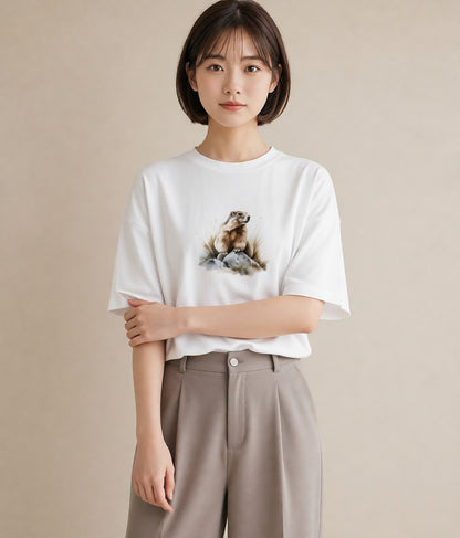 プリントTシャツ レディース フェレット ペット 動物 イラスト 韓国風 帰省 ラフ 白T