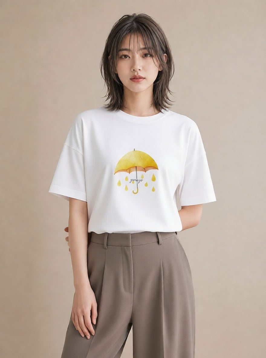 プリントTシャツ レディース 傘 水たまり 雨 ナチュラル アンティーク イラスト ボタニカル 旅行 母娘コーデ 白T