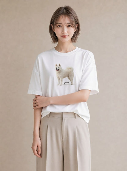 グラフィックTシャツ レディース サモエド 犬 いぬ イラスト シック 春服 ミセス 白T