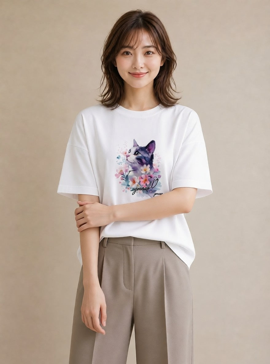 半袖Tシャツ レディース ペルシャ 猫 ねこ イラスト 個性的 カフェ服 クリスマス 白T