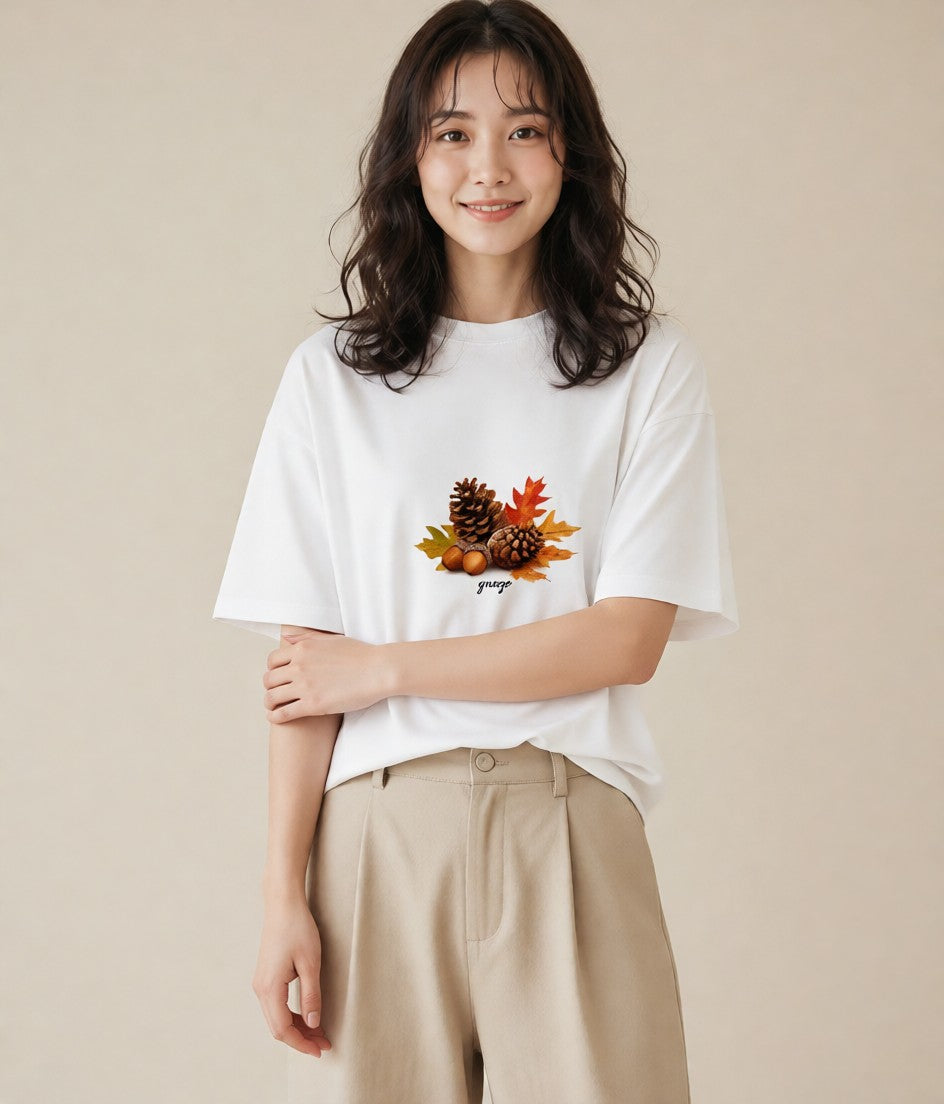 グラフィックTシャツ レディース どんぐり 植物 ボタニカル イラスト ポップ 旅行 母娘コーデ 白T