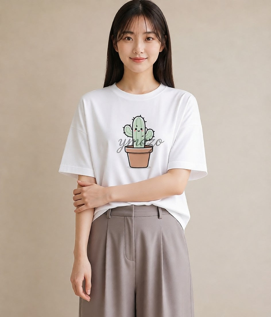 デザインTシャツ レディース サボテン 植物 ボタニカル イラスト 普段使い 休日 ペアコーデ 白T