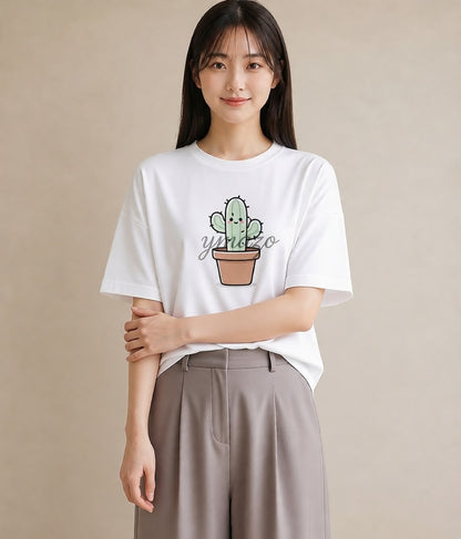 デザインTシャツ レディース サボテン 植物 ボタニカル イラスト 普段使い 休日 ペアコーデ 白T