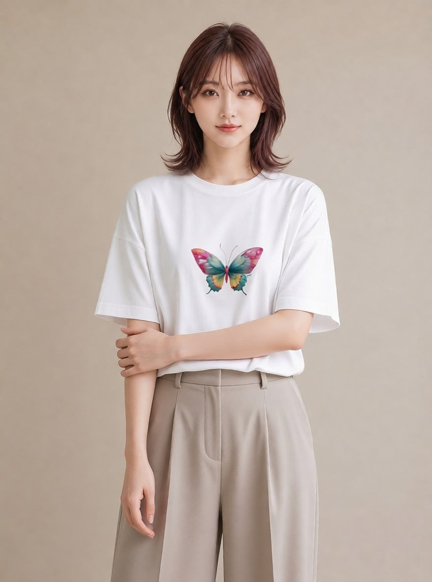 デザインTシャツ レディース ちょうちょ 蝶 バタフライ 昆虫 虫 イラスト シック ビーチ デイリーウェア 白T