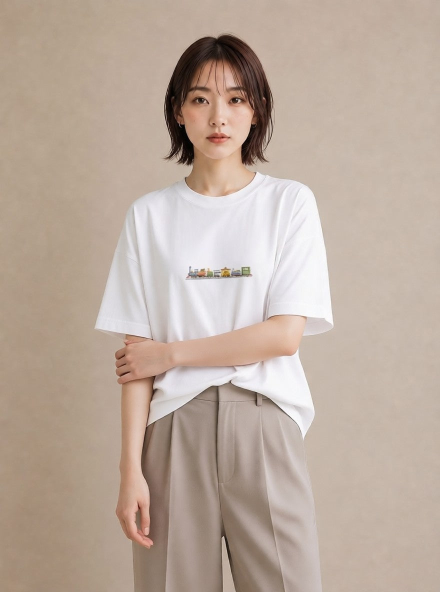 プリントTシャツ レディース 駅のホーム ローカル線 駅 ナチュラル アンティーク イラスト 可愛い ラフ レイヤード 白T