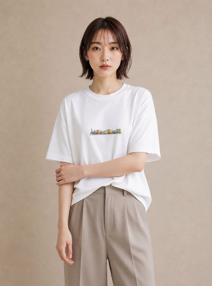 プリントTシャツ レディース 駅のホーム ローカル線 駅 ナチュラル アンティーク イラスト 可愛い ラフ レイヤード 白T