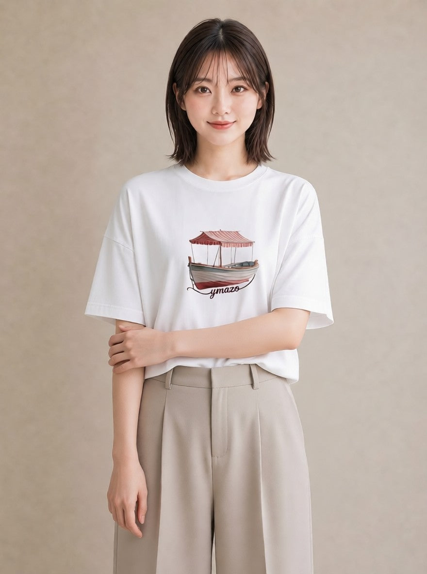 Tシャツ レディース 桟橋 水辺 波止場 ナチュラル アンティーク イラスト ママ カフェ服 白T