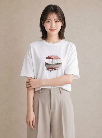 Tシャツ レディース 桟橋 水辺 波止場 ナチュラル アンティーク イラスト ママ カフェ服 白T
