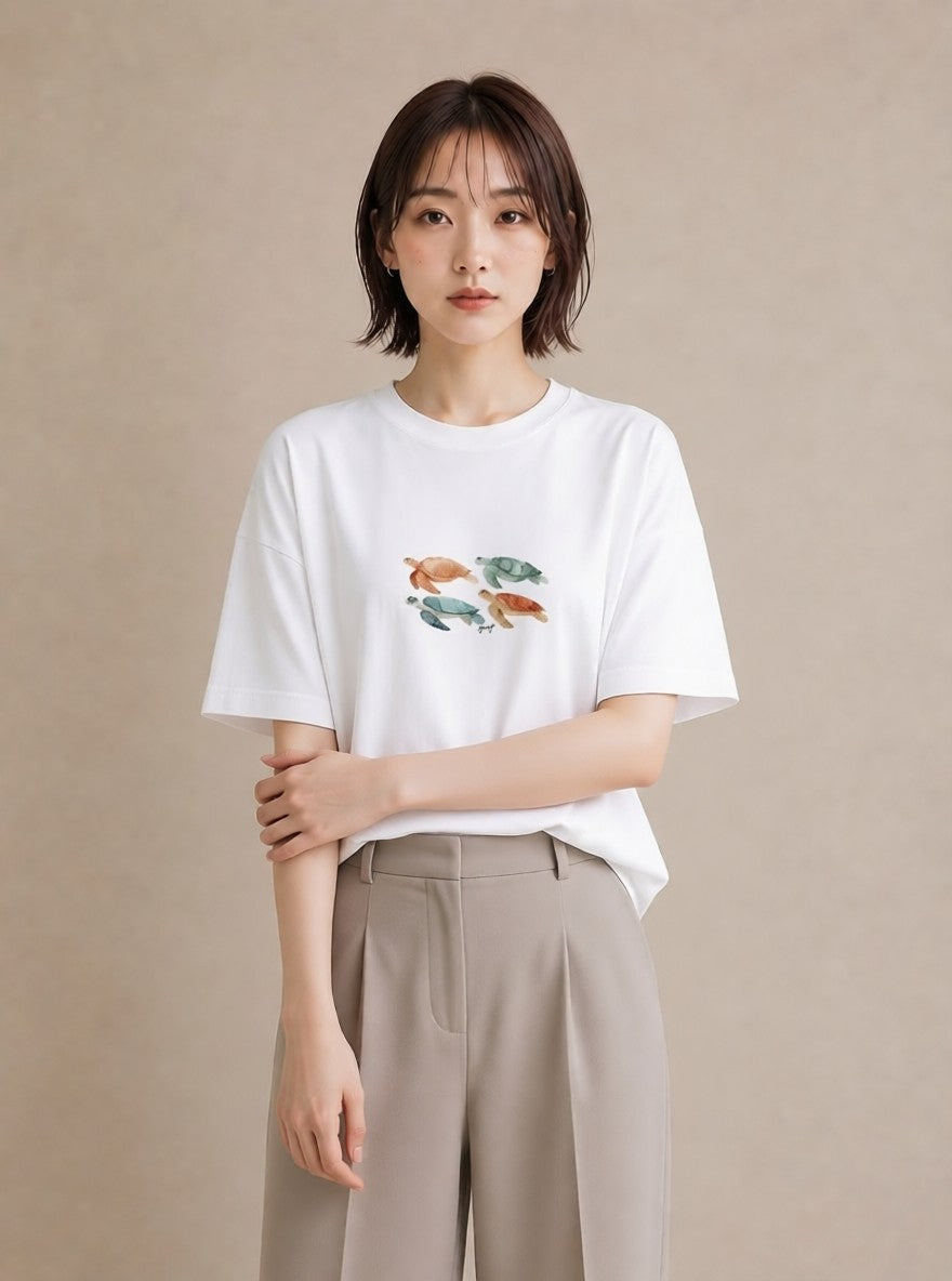 半袖Tシャツ レディース カメ ペット 動物 イラスト 個性的 普段着 週末コーデ 白T