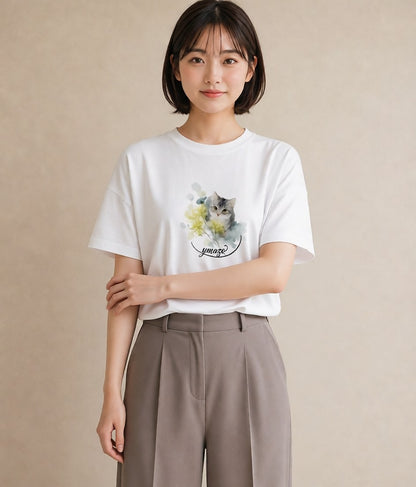 半袖Tシャツ レディース アメリカンショートヘア 猫 ねこ イラスト 抜け感 デイリーウェア 休日 白T
