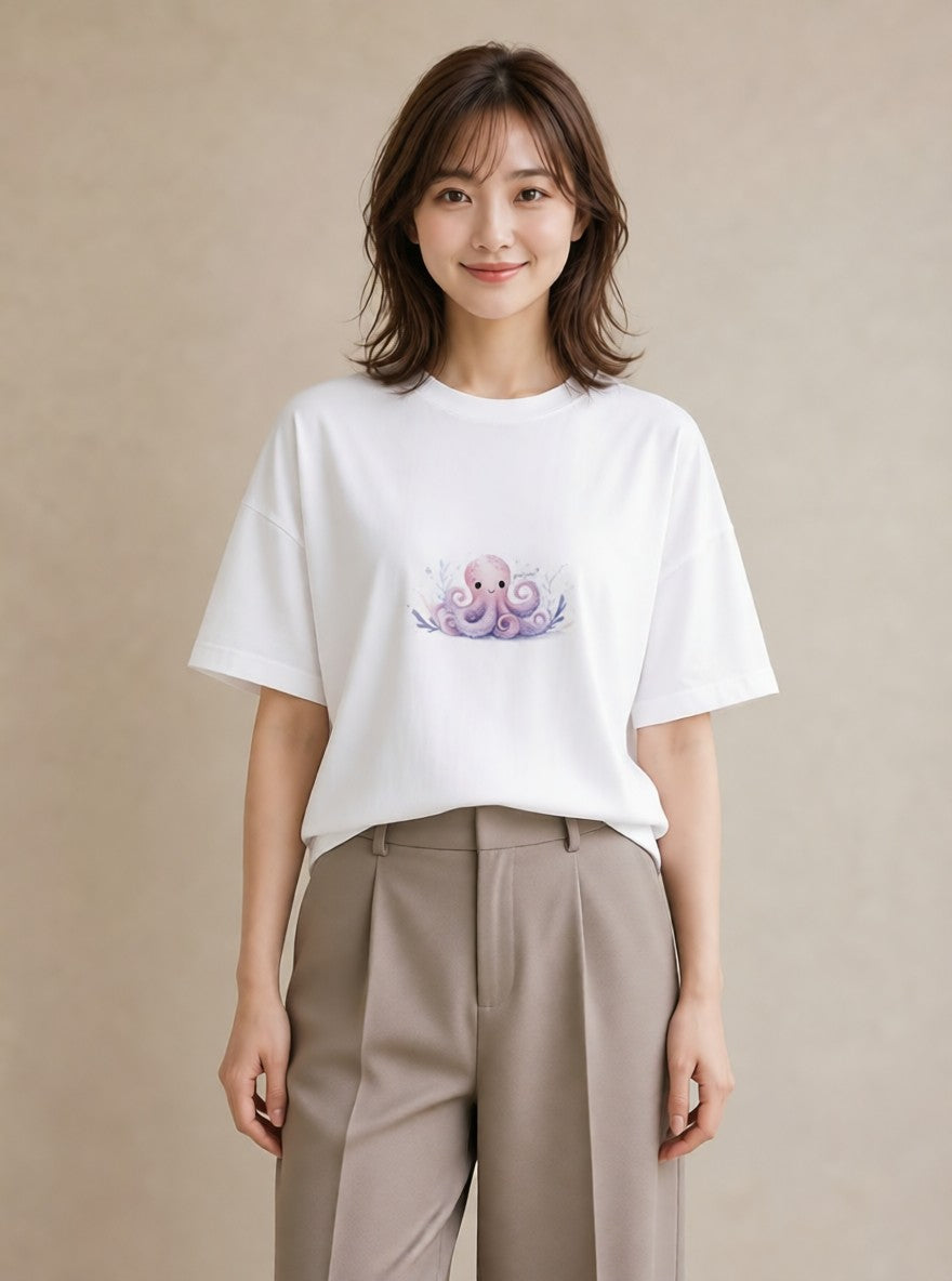 Tシャツ レディース タコ 海の生き物 海 イラスト ニュアンス 週末コーデ 敬老の日 白T