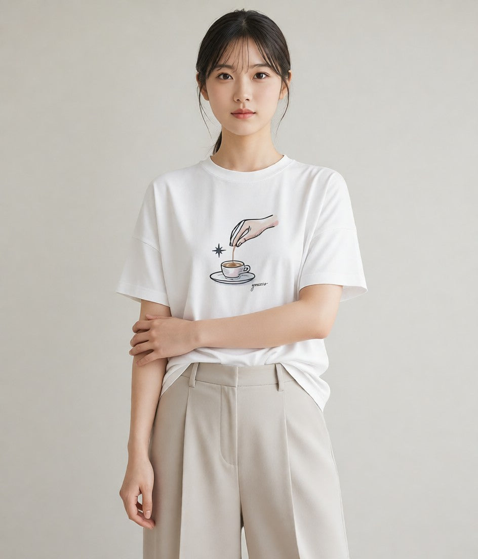 プリントTシャツ レディース コーヒー カフェ 珈琲 イラスト 北欧風 普段着 週末コーデ 白T