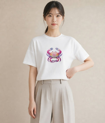 プリントTシャツ レディース 蟹座 星空 宇宙 イラスト ボタニカル 女性向けギフト 散歩 白T