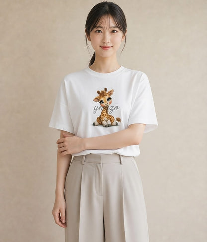 半袖Tシャツ レディース きりん 動物 アニマル イラスト レトロ クリスマス 旅行 白T