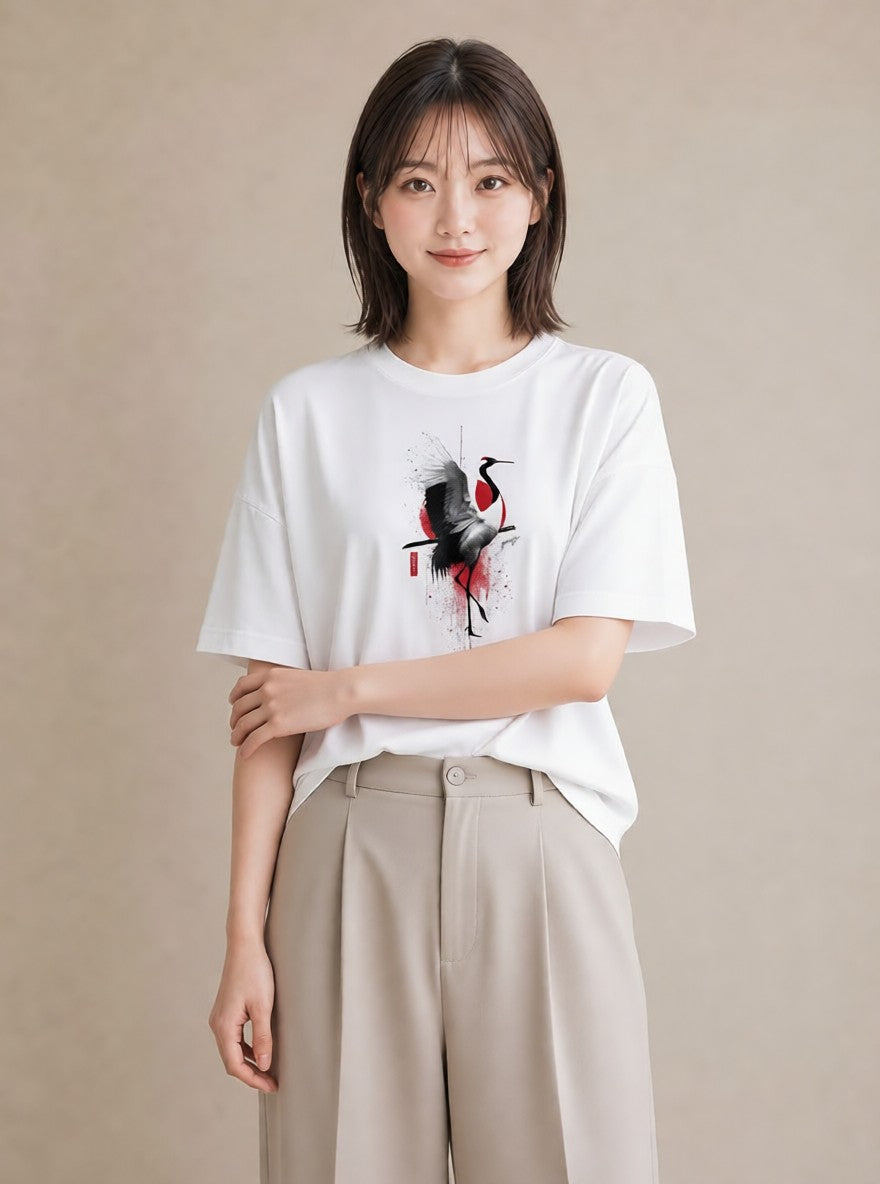 プリントTシャツ レディース 折り鶴 折り紙 ナチュラル アンティーク イラスト シンプル 帰省 ラフ 白T