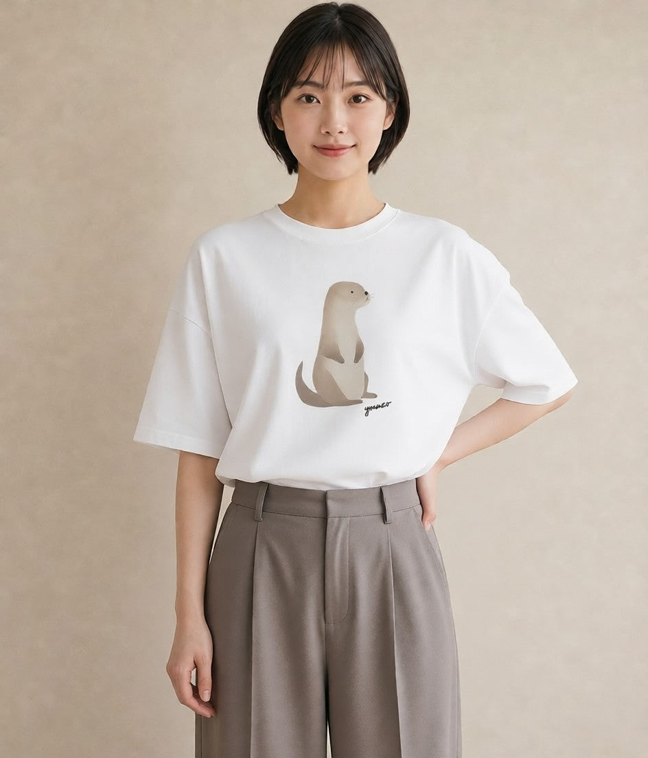 グラフィックTシャツ レディース フェレット ペット 動物 イラスト 線画 カジュアルコーデ 買い物 白T