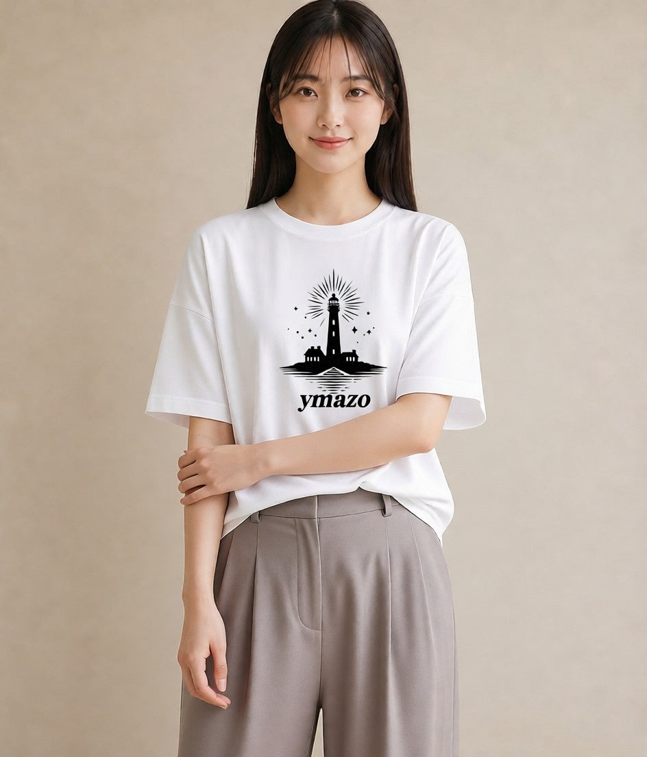 プリントTシャツ レディース 灯台 霧 海 ナチュラル アンティーク イラスト 上品 在宅 公園 白T