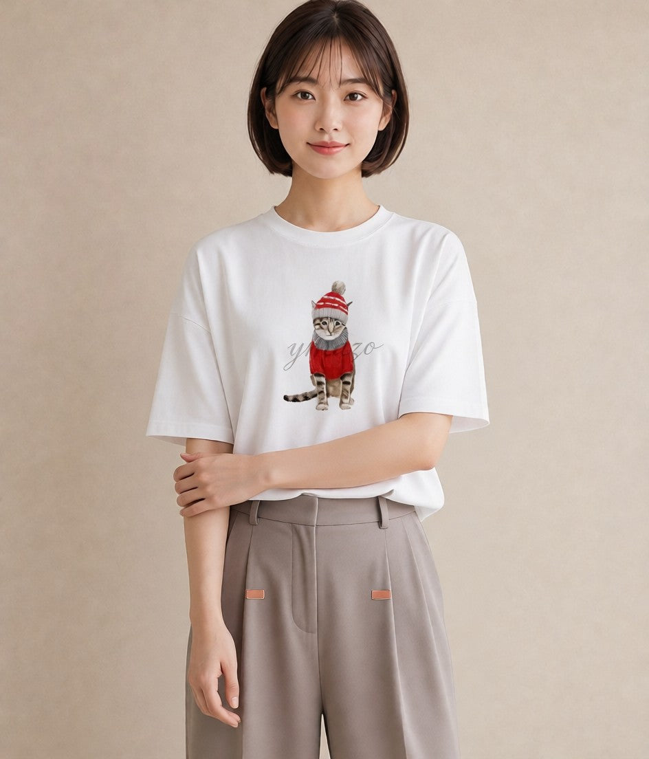 半袖Tシャツ レディース アメリカンショートヘア 猫 ねこ イラスト きれいめカジュアル 女性 旅行用 白T