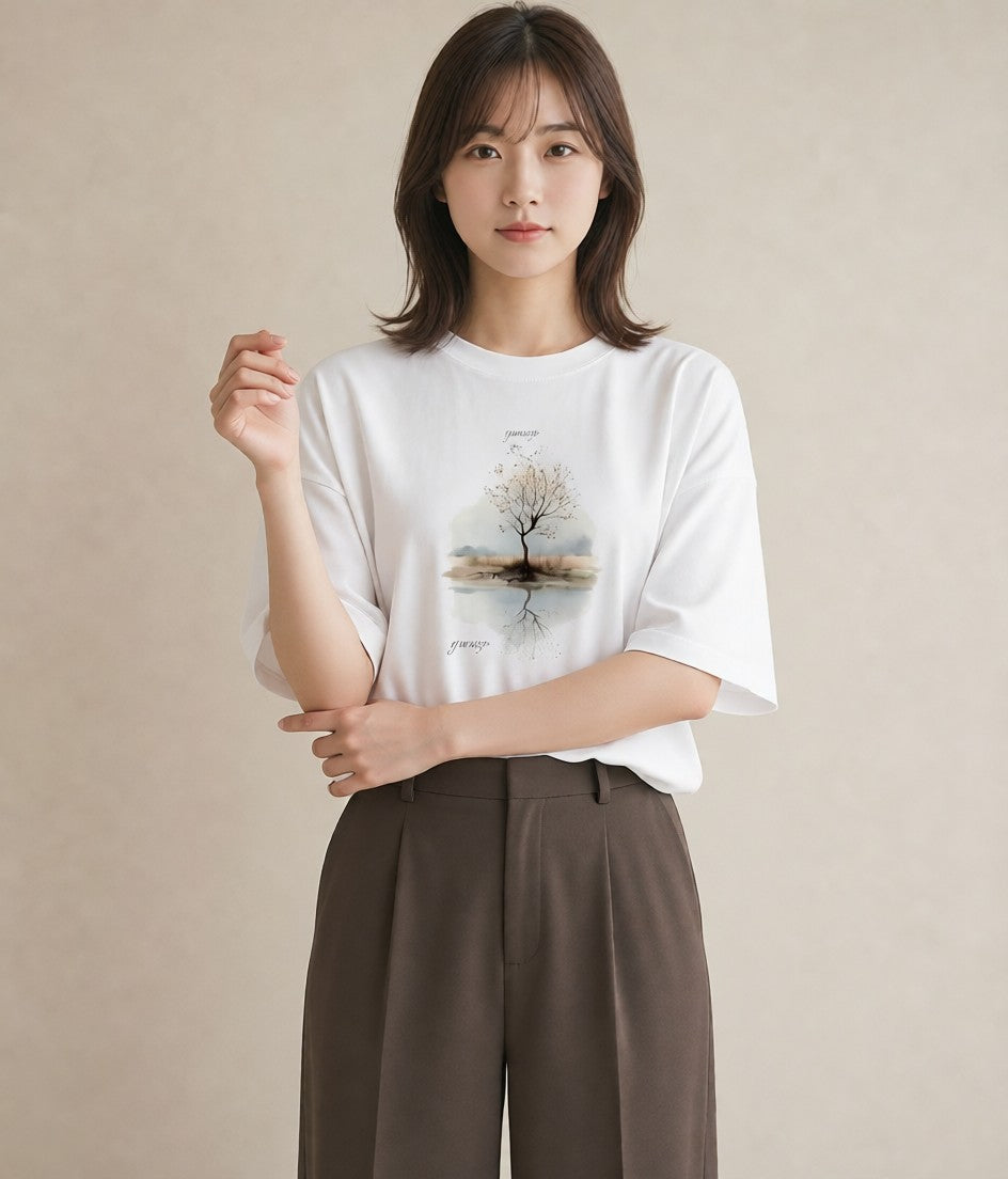 デザインTシャツ レディース 青の水彩 風景 ブルー ナチュラル アンティーク イラスト 線画 クリスマス 旅行 白T