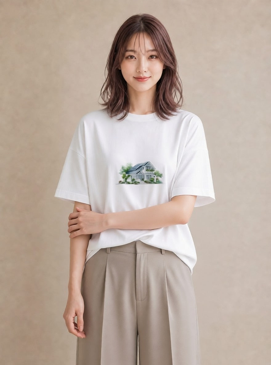 半袖Tシャツ レディース 遠い家と鳥 風景 鳥 ナチュラル アンティーク イラスト きれいめ 旅行 母娘コーデ 白T