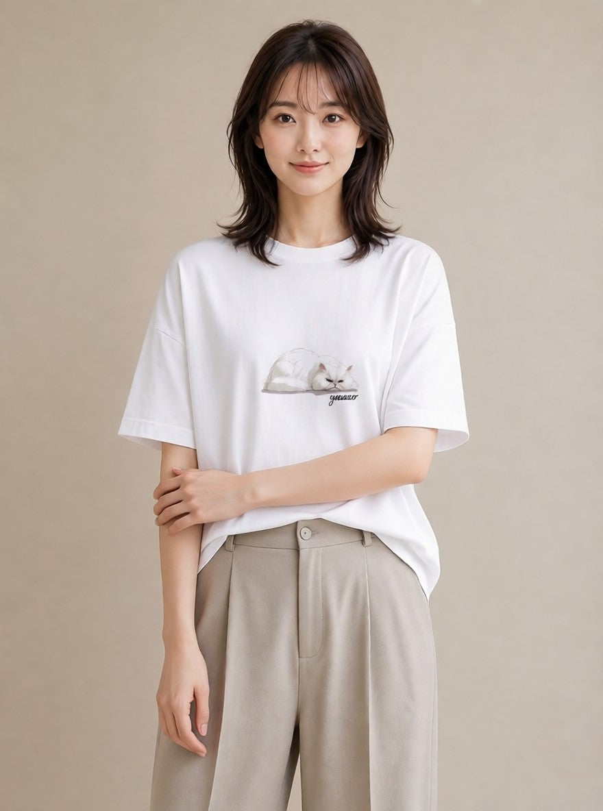 デザインTシャツ レディース ブリティッシュショートヘア 猫 ねこ イラスト 淡色 綿100 デート 白T