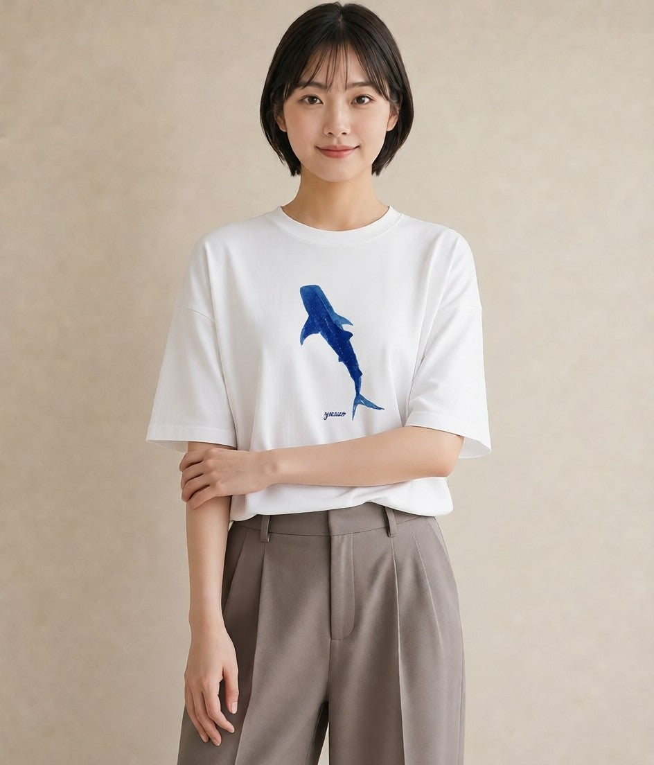 半袖Tシャツ レディース サメ 海の生き物 海 イラスト 20代 カジュアルコーデ 白T