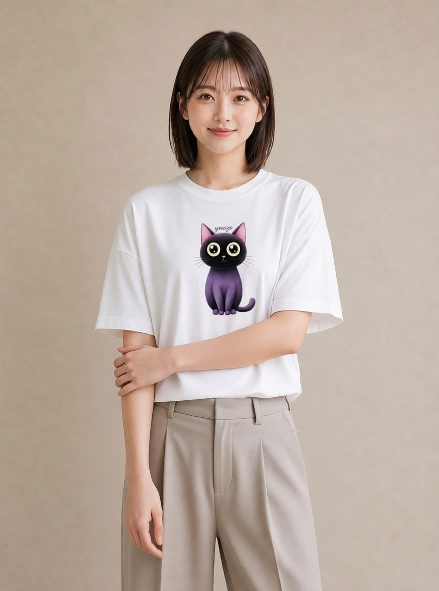 半袖Tシャツ レディース ニャンコ 猫 ねこ イラスト 淡色 夏コーデ 通学 白T