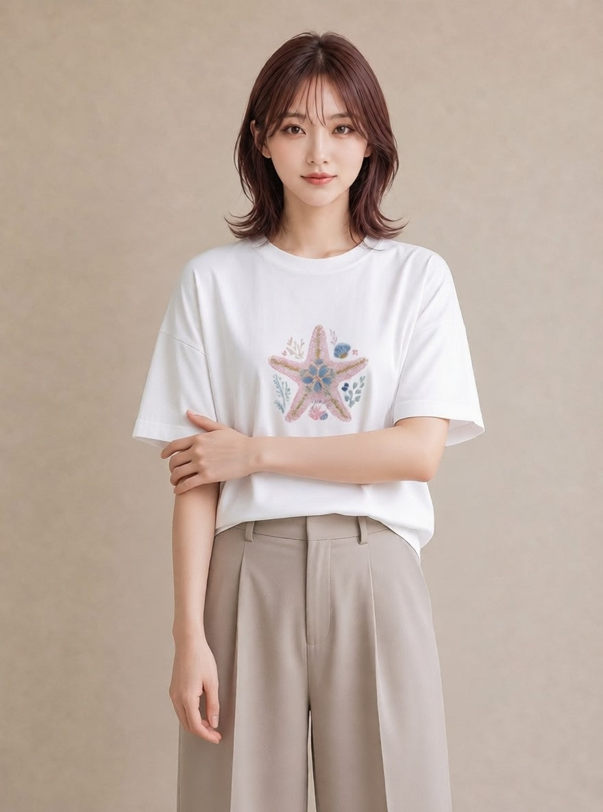 Tシャツ レディース ヒトデ 海の生き物 海 イラスト 普段使い 春服 ミセス 白T