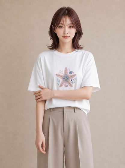 Tシャツ レディース ヒトデ 海の生き物 海 イラスト 普段使い 春服 ミセス 白T