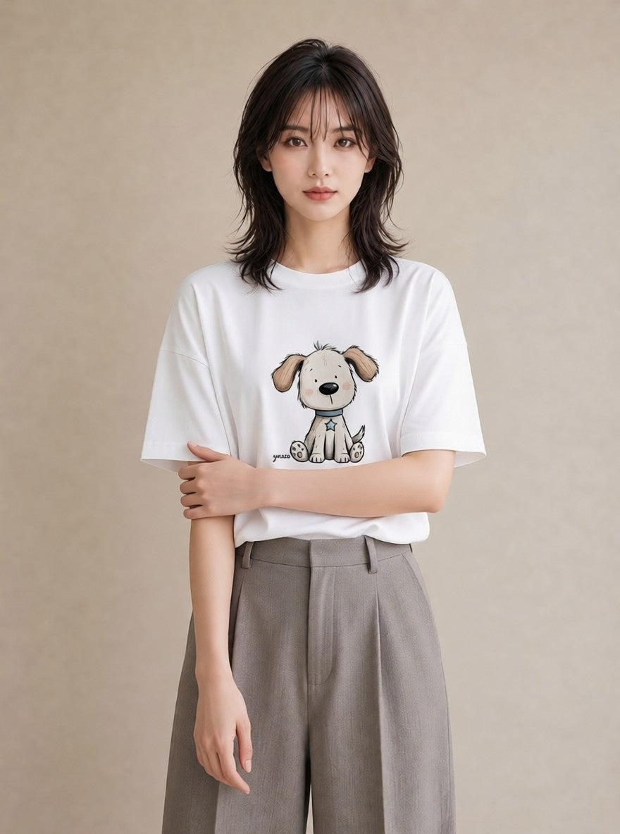 半袖Tシャツ レディース わんちゃん 犬 いぬ イラスト ポップ 旅行 母娘コーデ 白T