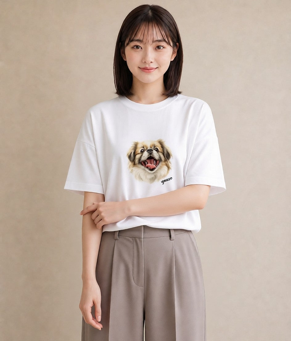 デザインTシャツ レディース 狆 犬 いぬ イラスト ゆるコーデ ペアコーデ 秋コーデ 白T