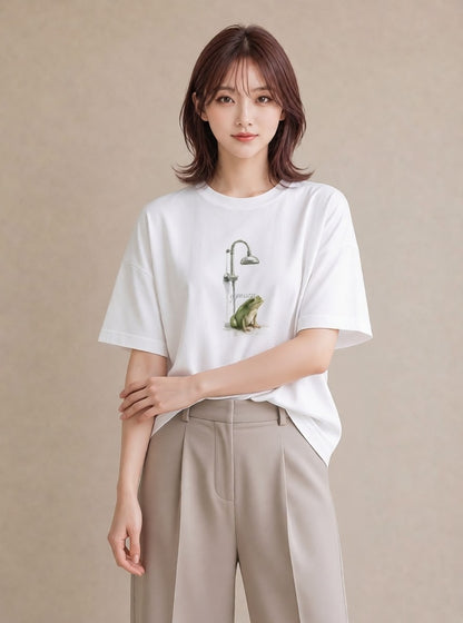 Tシャツ レディース カエル ペット 動物 イラスト ボタニカル 自分用 ルームウェア 白T