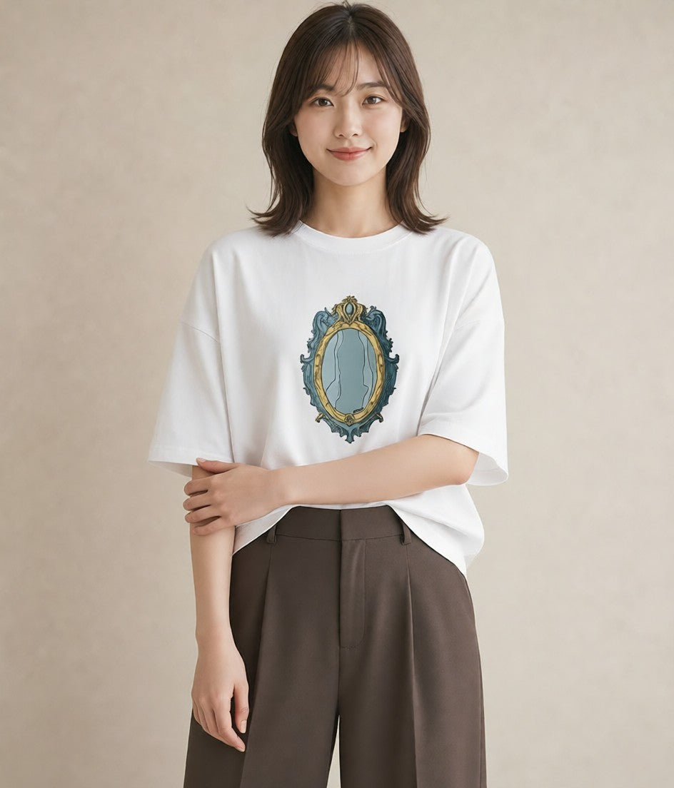 デザインTシャツ レディース 手鏡 アンティーク レトロ ナチュラル イラスト ラフ デイリーウェア 休日 白T