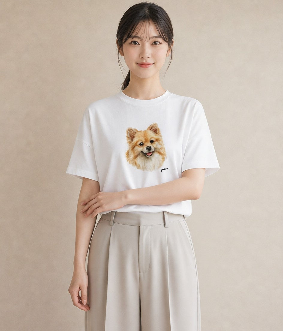 プリントTシャツ レディース ポメラニアン ポメ 犬 いぬ イラスト ボタニカル 週末コーデ 敬老の日 白T