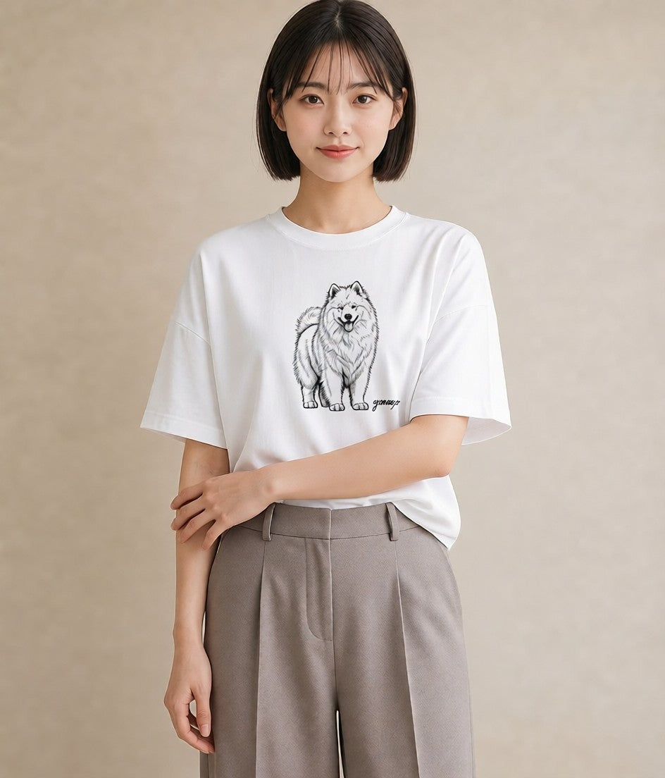 デザインTシャツ レディース サモエド 犬 いぬ イラスト きれいめカジュアル 夏コーデ 通学 白T