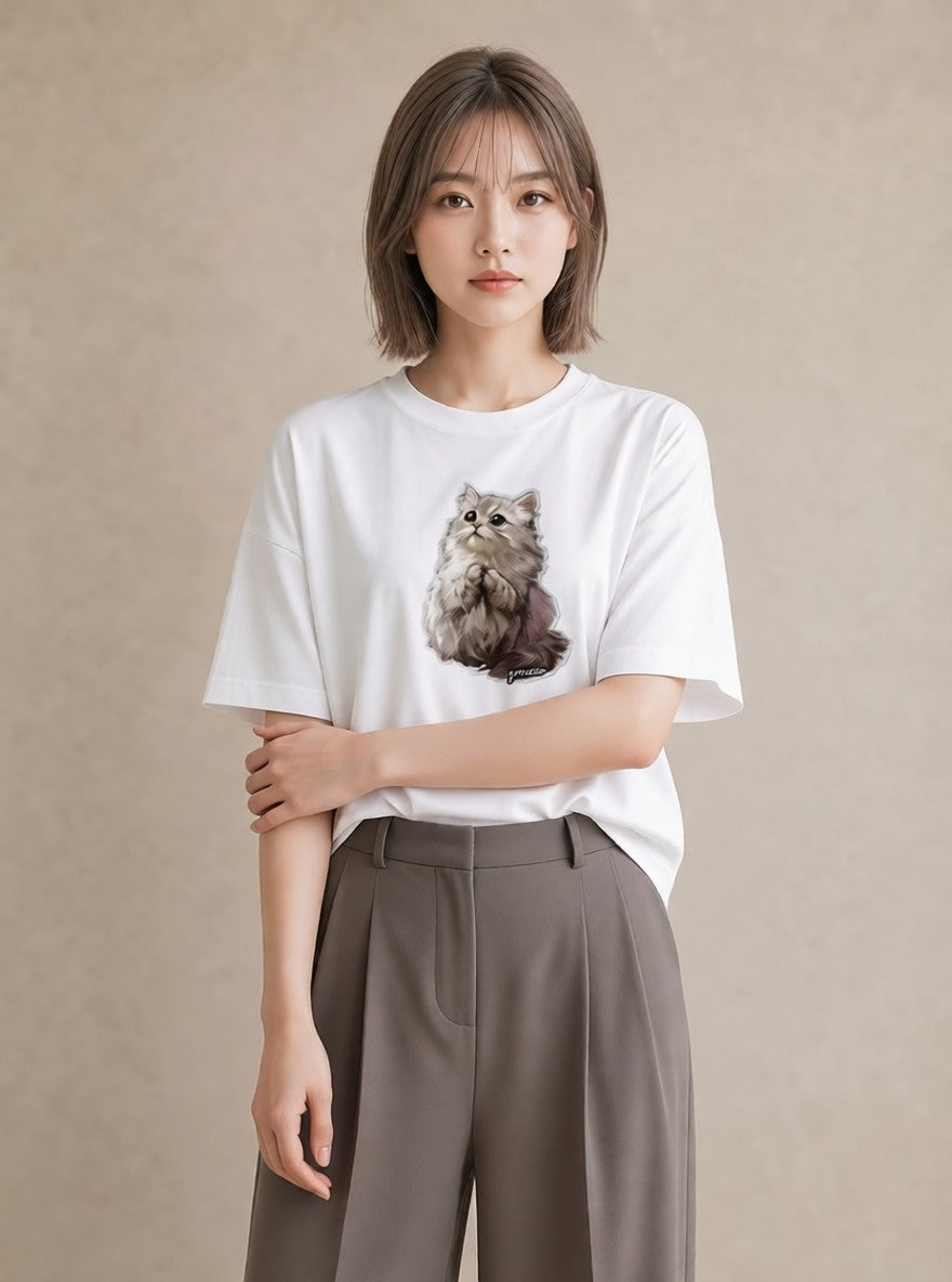 半袖Tシャツ レディース ソマリ 猫 ねこ イラスト 上品 デイリーウェア 休日 白T