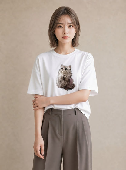 半袖Tシャツ レディース ソマリ 猫 ねこ イラスト 上品 デイリーウェア 休日 白T